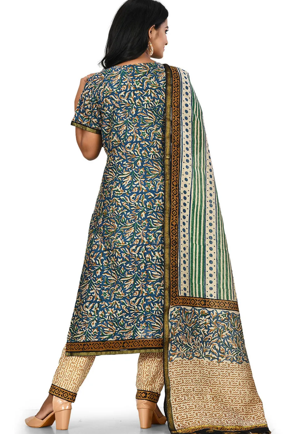 Printed Chanderi Cotton Pakistani Suit in Teal Blue