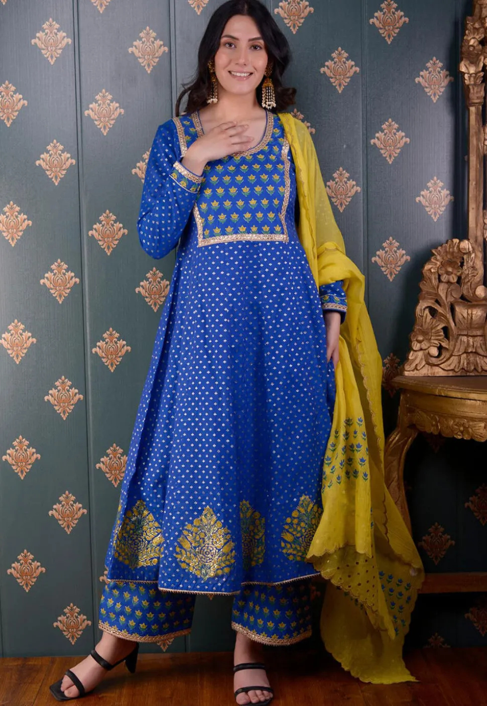 Printed Chanderi Silk Aline Suit in Royal Blue