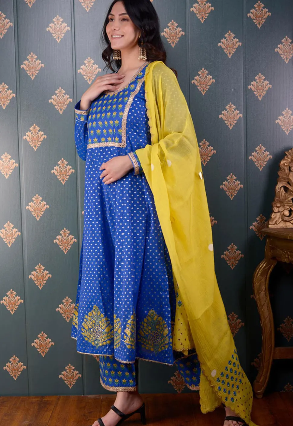 Printed Chanderi Silk Aline Suit in Royal Blue