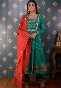 Printed Chanderi Silk Aline Suit in Teal Green