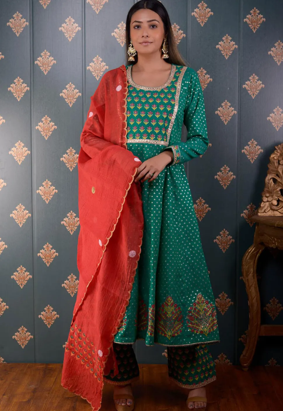 Printed Chanderi Silk Aline Suit in Teal Green