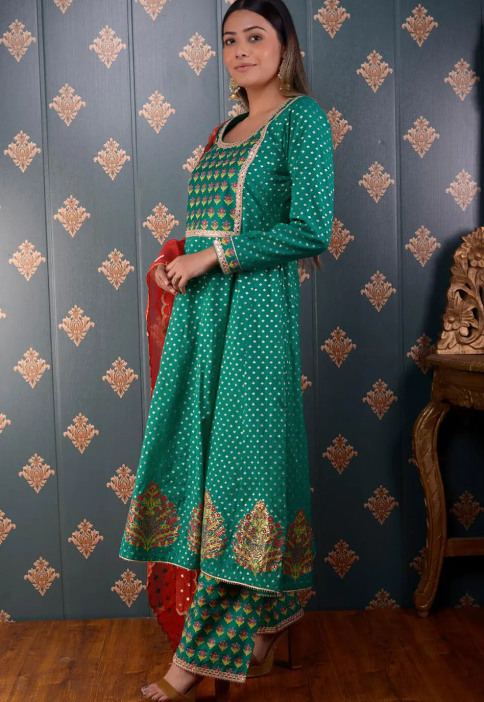 Printed Chanderi Silk Aline Suit in Teal Green