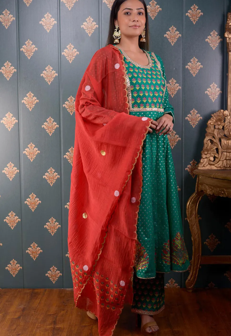 Printed Chanderi Silk Aline Suit in Teal Green
