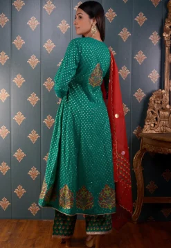 Printed Chanderi Silk Aline Suit in Teal Green