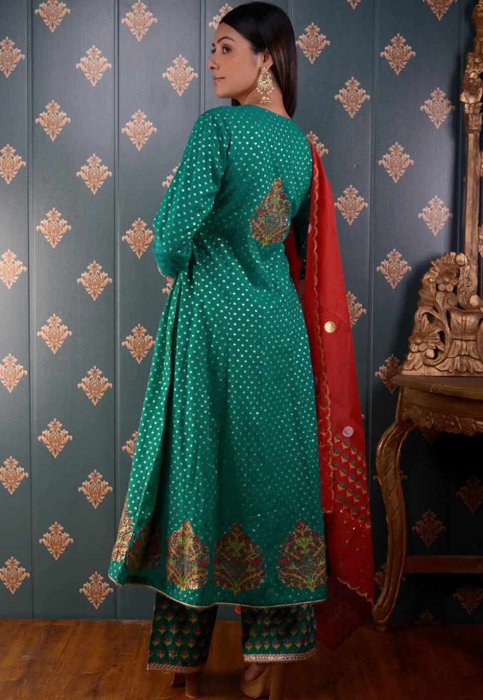 Printed Chanderi Silk Aline Suit in Teal Green