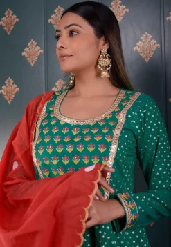 Printed Chanderi Silk Aline Suit in Teal Green