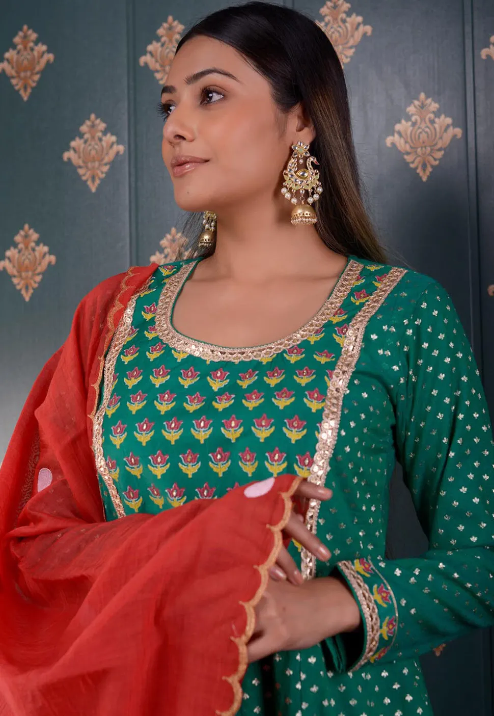 Printed Chanderi Silk Aline Suit in Teal Green