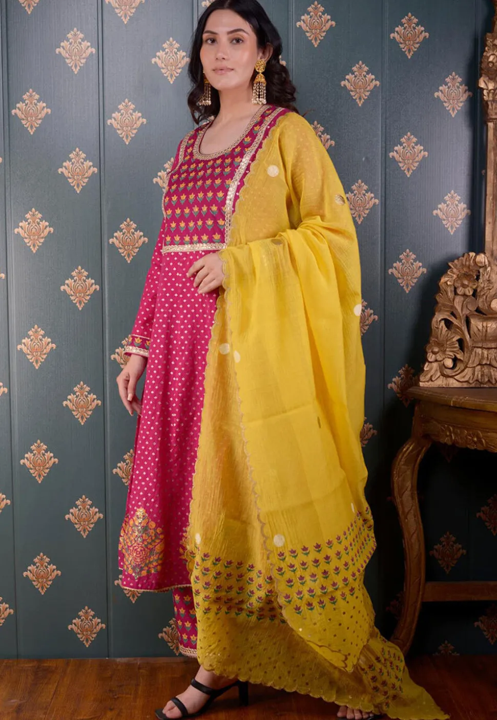 Printed Chanderi Silk Aline Suit in Fuchsia