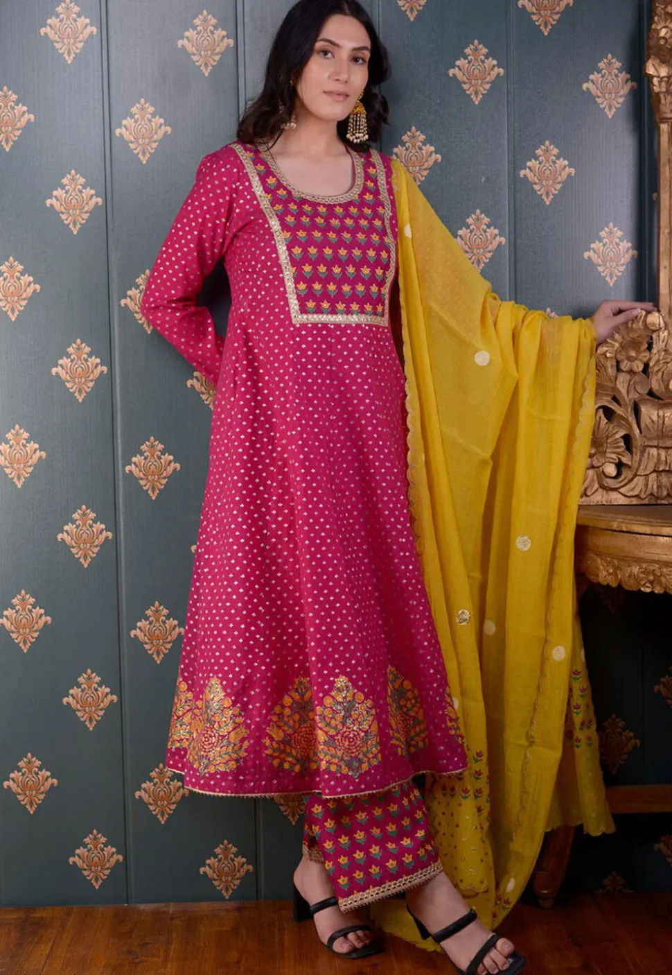 Printed Chanderi Silk Aline Suit in Fuchsia