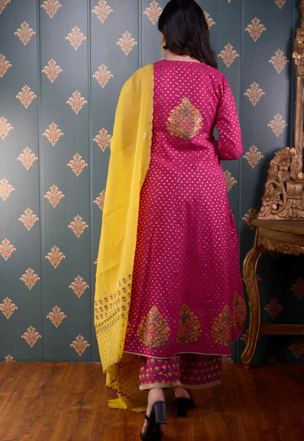 Printed Chanderi Silk Aline Suit in Fuchsia