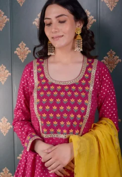Printed Chanderi Silk Aline Suit in Fuchsia