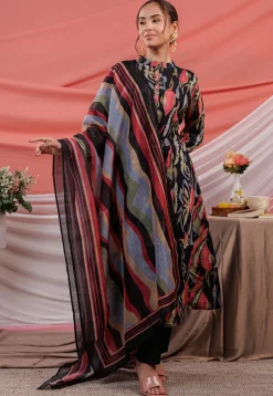 Printed Chanderi Silk Aline Suit in Black