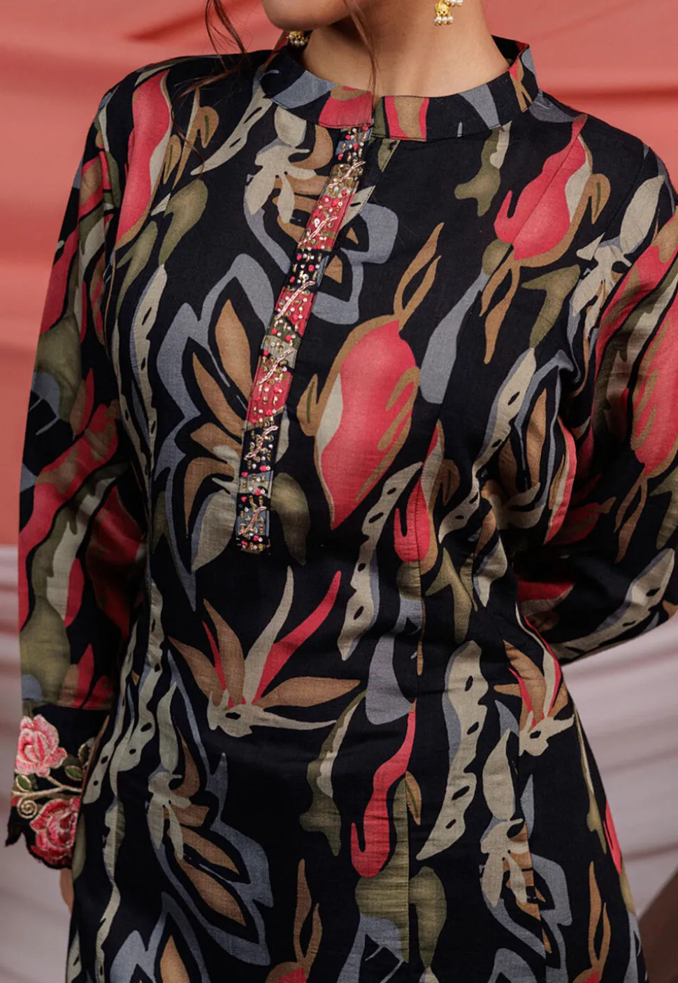Printed Chanderi Silk Aline Suit in Black