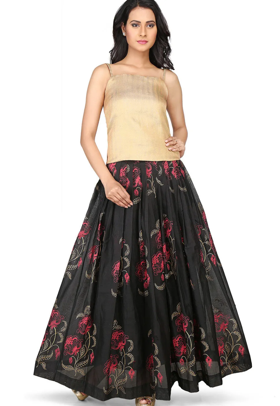 Printed Chanderi Silk Long Skirt in Black