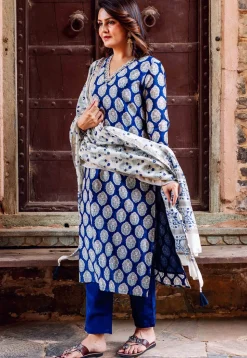 Printed Chanderi Silk Pakistani Suit in Royal Blue