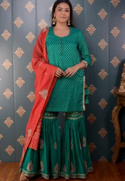 Printed Chanderi Silk Pakistani Suit in Teal Green
