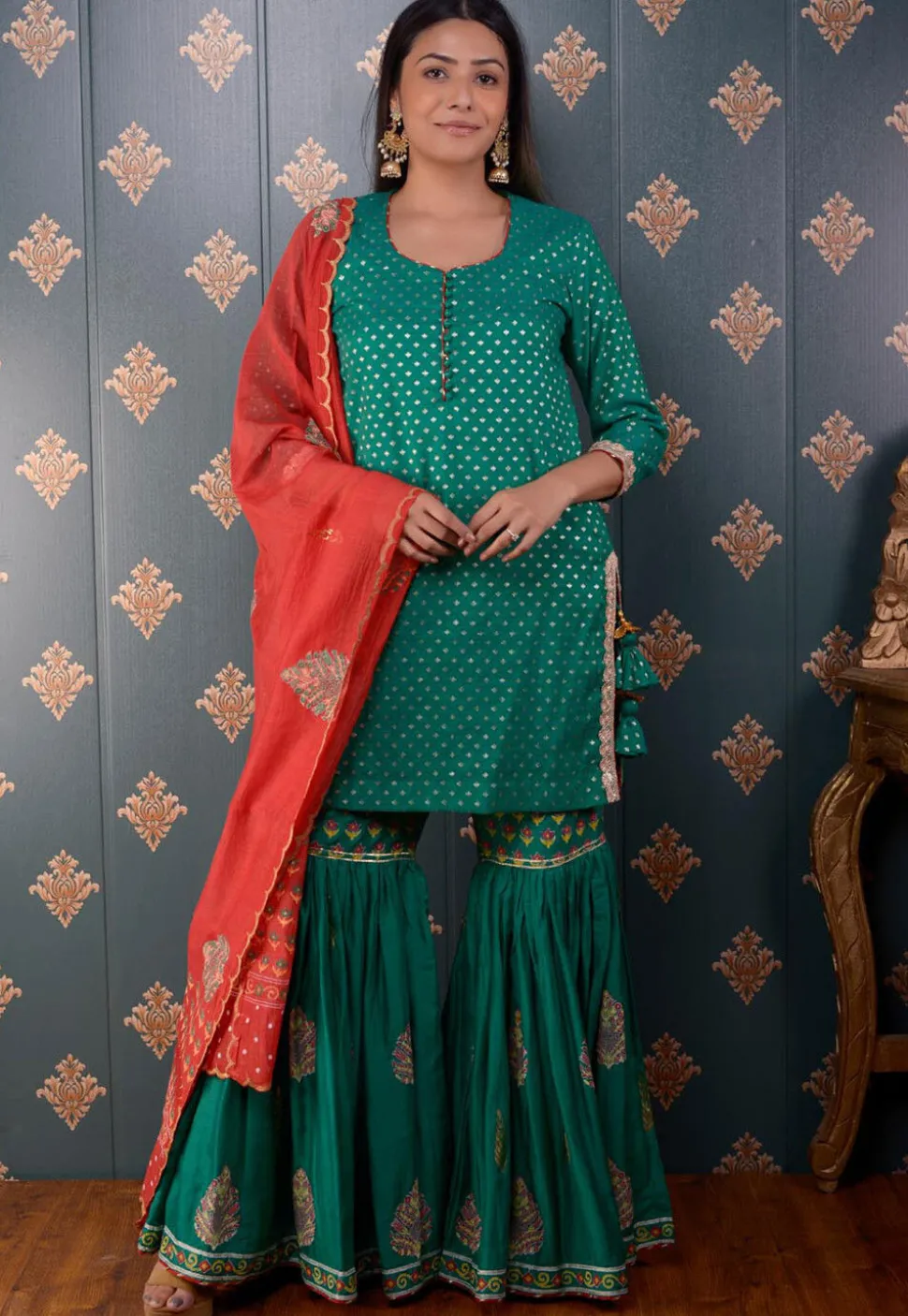 Printed Chanderi Silk Pakistani Suit in Teal Green