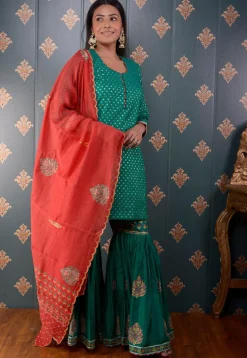 Printed Chanderi Silk Pakistani Suit in Teal Green