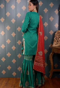 Printed Chanderi Silk Pakistani Suit in Teal Green