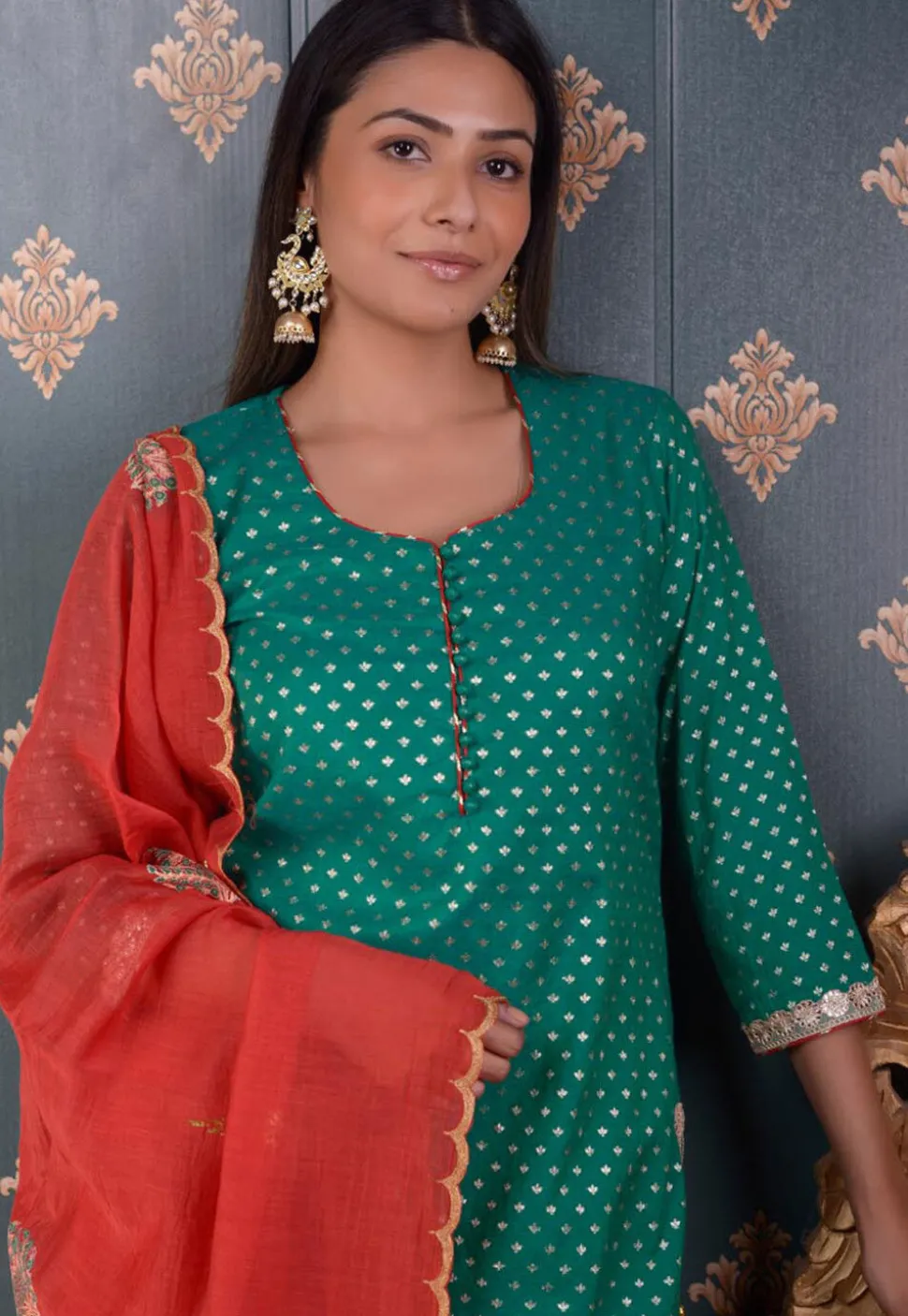 Printed Chanderi Silk Pakistani Suit in Teal Green