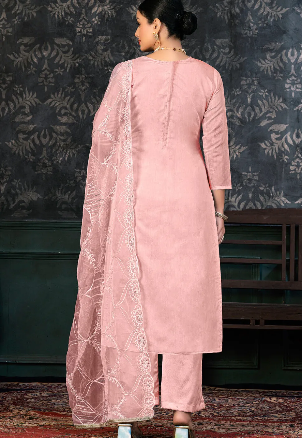 Printed Chanderi Silk Pakistani Suit in Pink