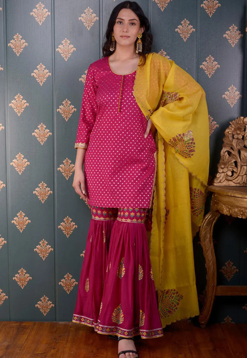 Printed Chanderi Silk Pakistani Suit in Fuchsia