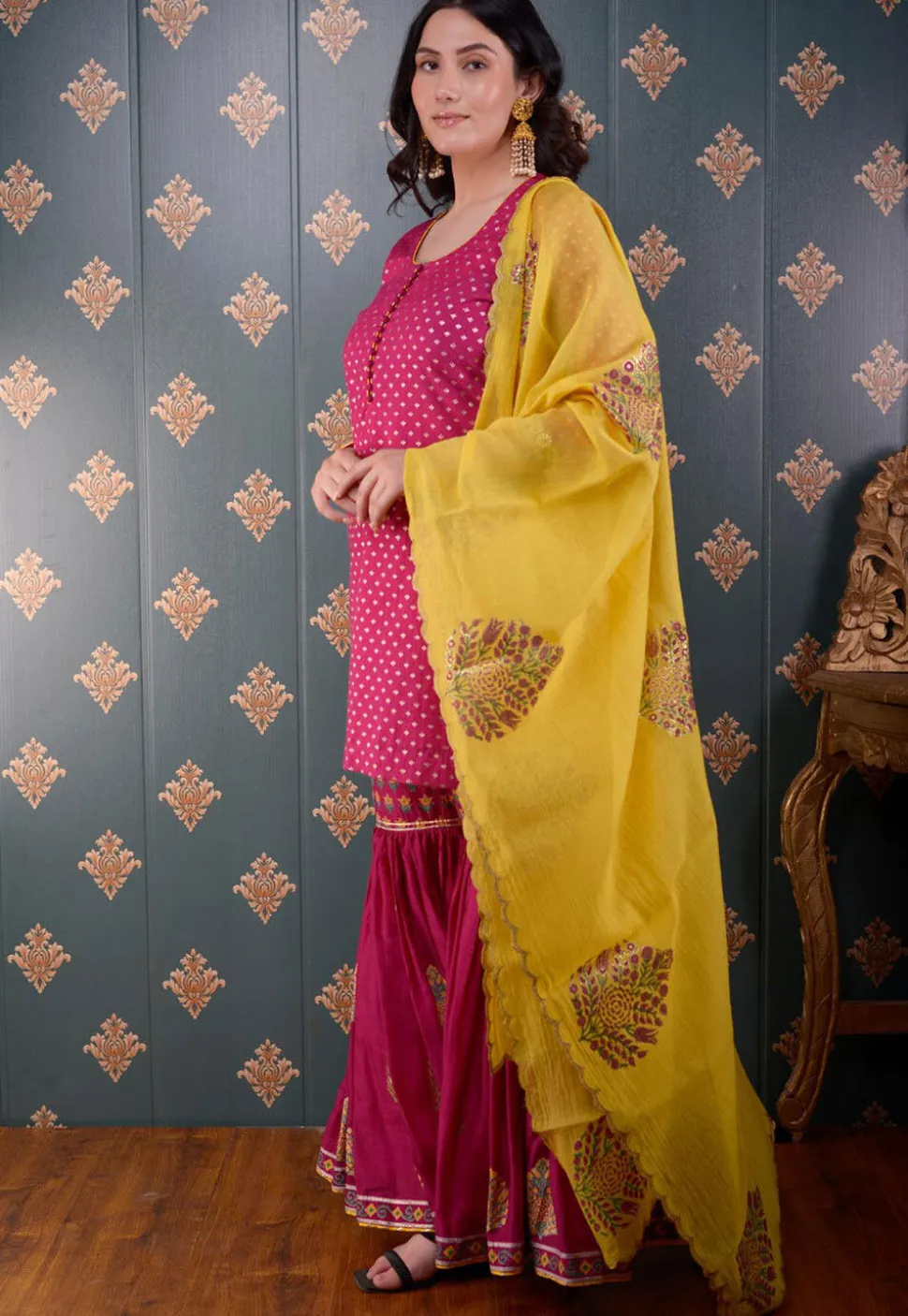 Printed Chanderi Silk Pakistani Suit in Fuchsia