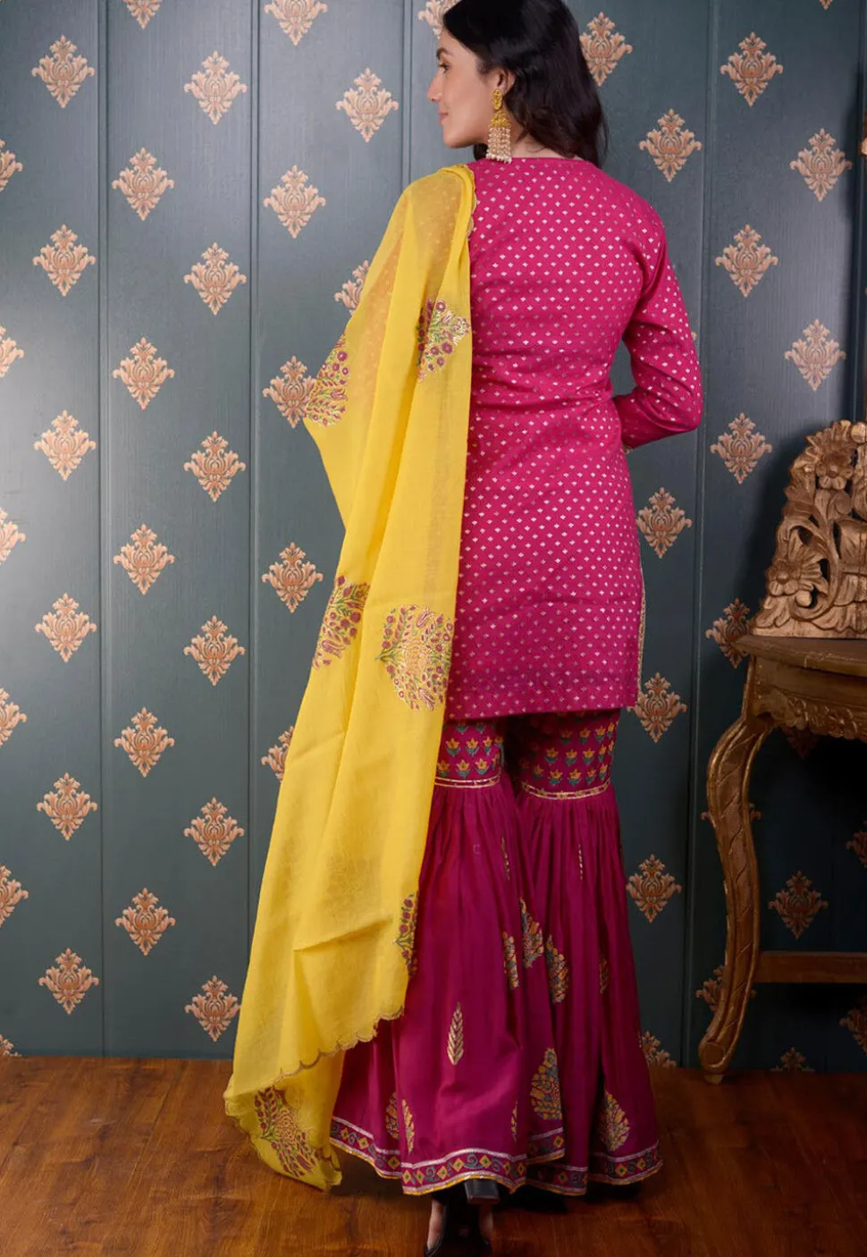 Printed Chanderi Silk Pakistani Suit in Fuchsia