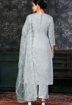 Printed Chanderi Silk Pakistani Suit in Grey