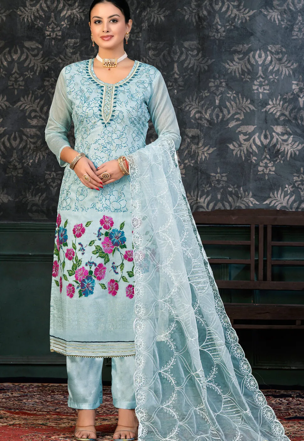 Printed Chanderi Silk Pakistani Suit in Sky Blue