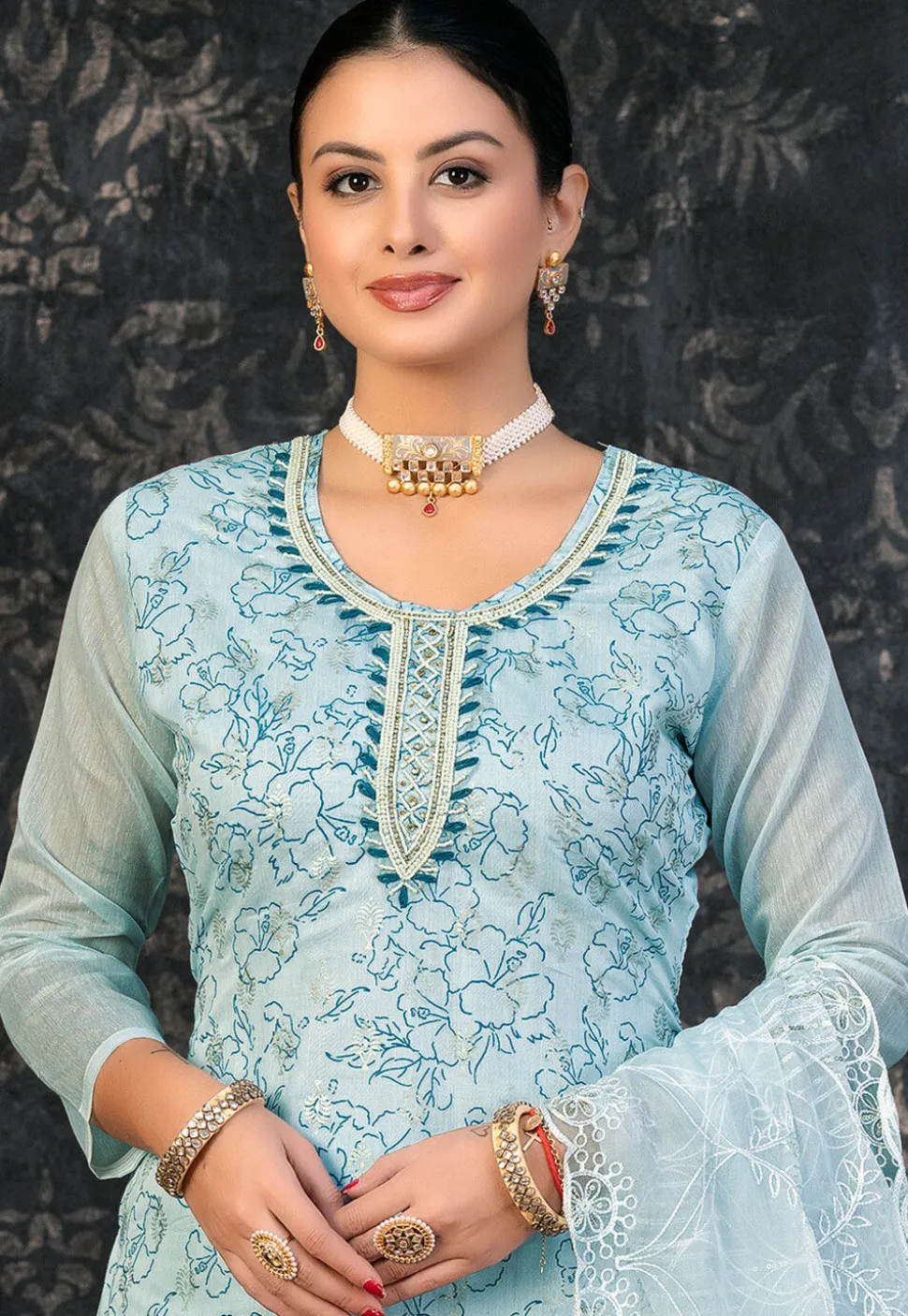 Printed Chanderi Silk Pakistani Suit in Sky Blue