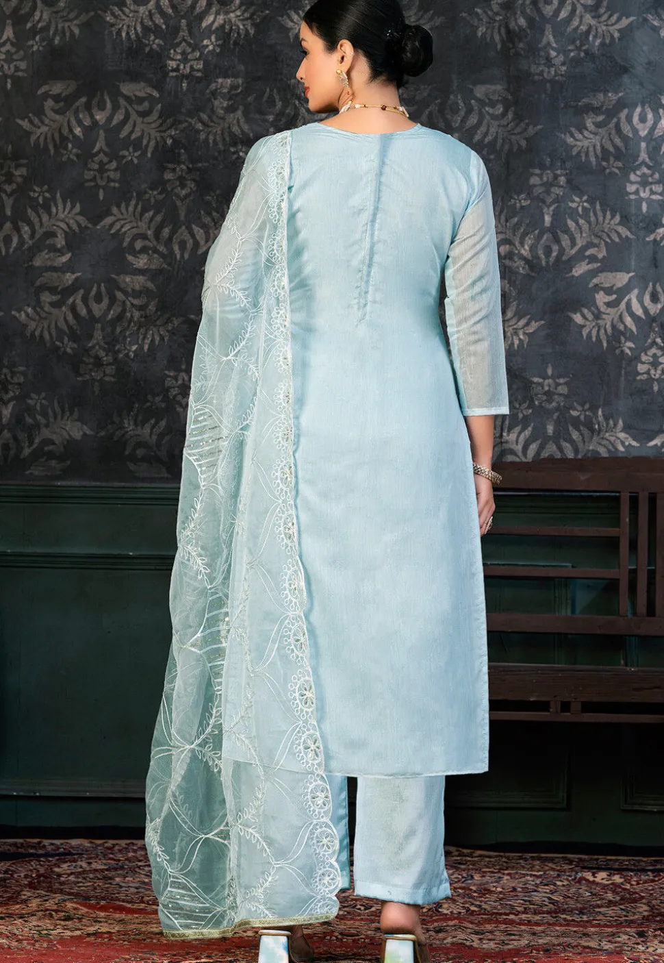 Printed Chanderi Silk Pakistani Suit in Sky Blue