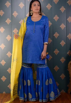 Printed Chanderi Silk Pakistani Suit in Royal Blue