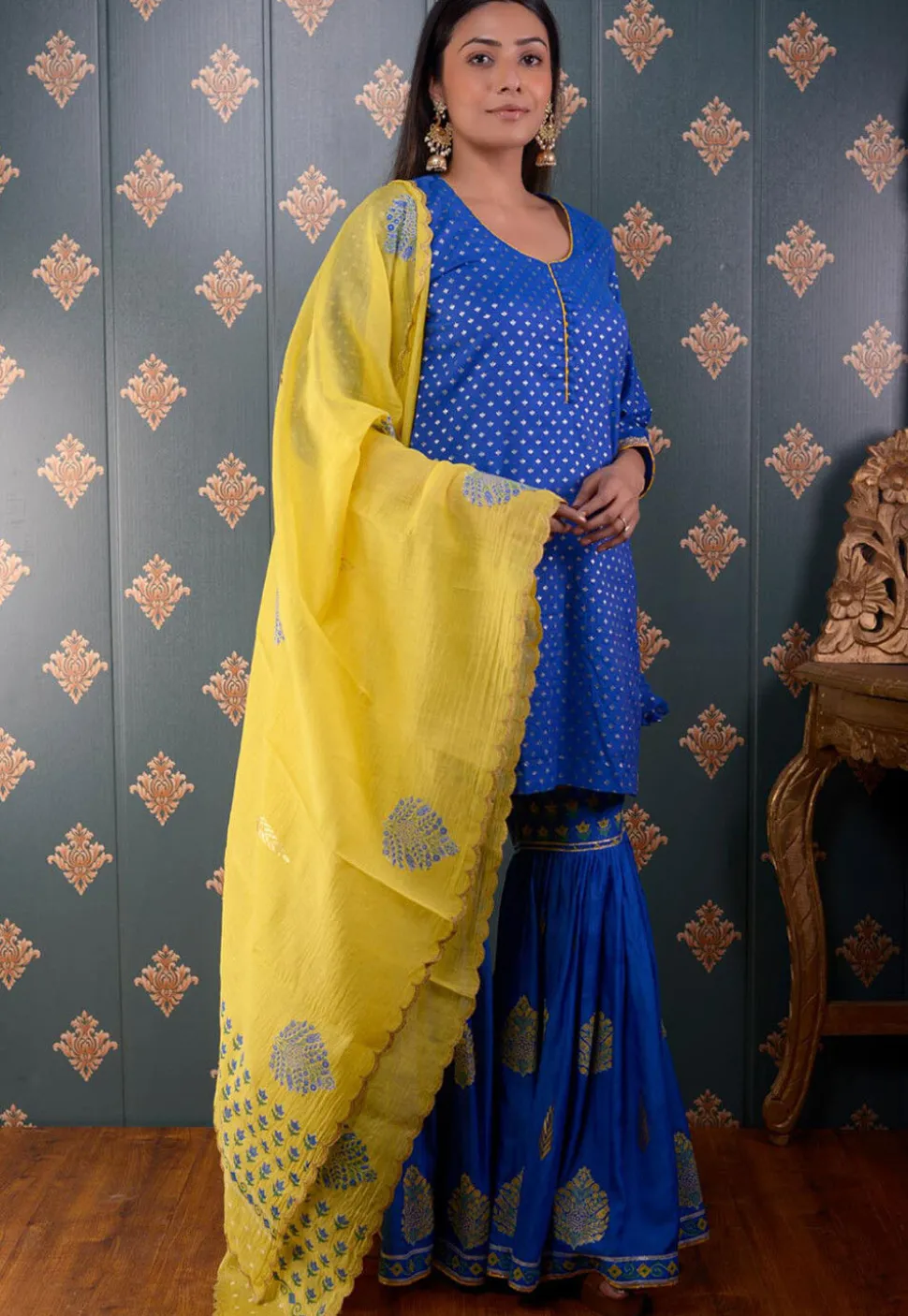 Printed Chanderi Silk Pakistani Suit in Royal Blue