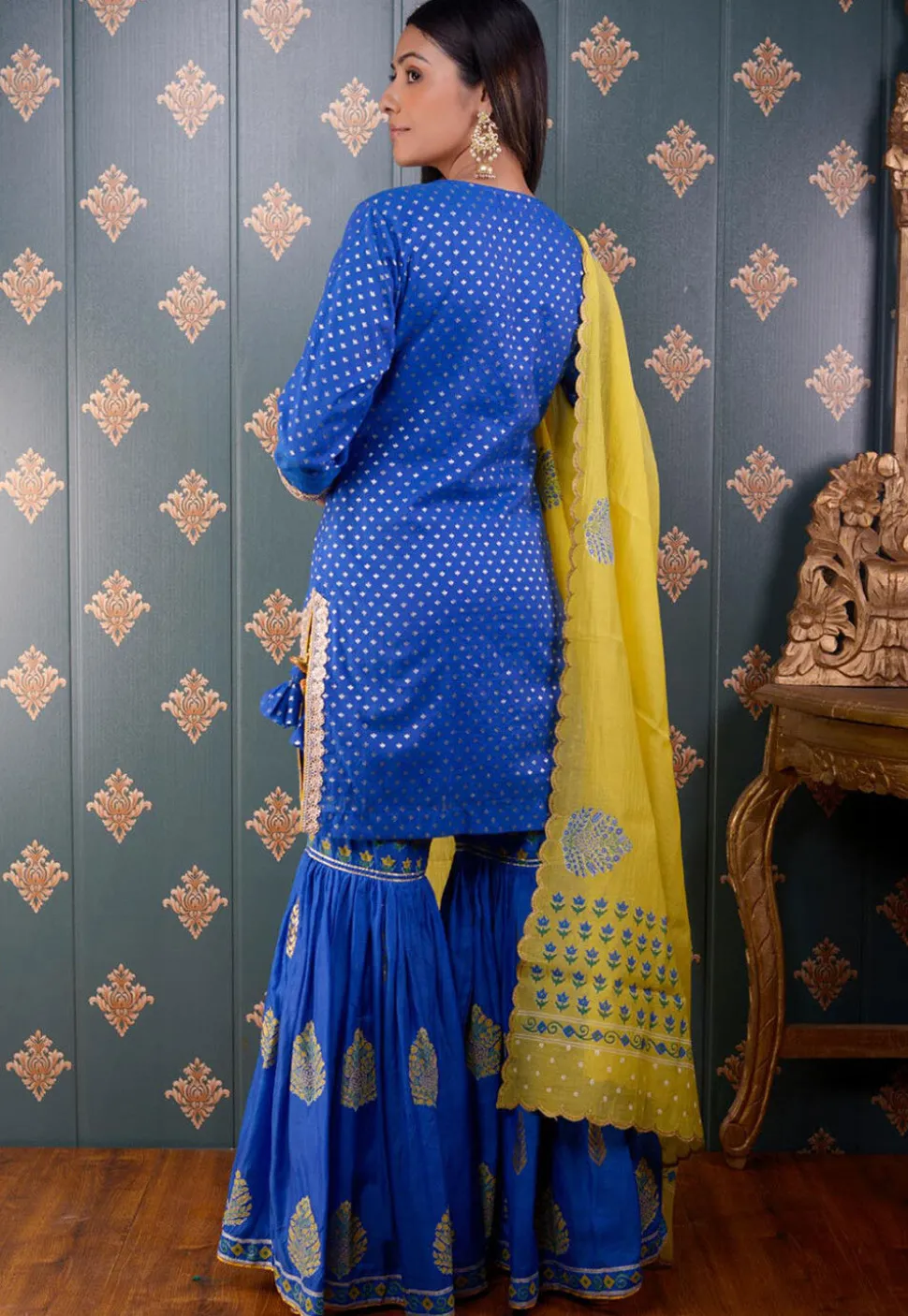 Printed Chanderi Silk Pakistani Suit in Royal Blue