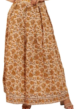 Printed Chanderi Silk Pleated Skirt in Beige