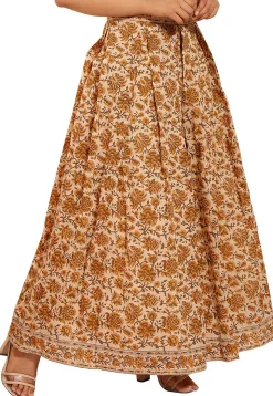 Printed Chanderi Silk Pleated Skirt in Beige