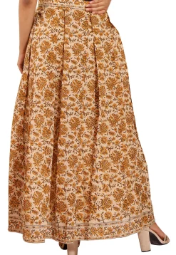 Printed Chanderi Silk Pleated Skirt in Beige