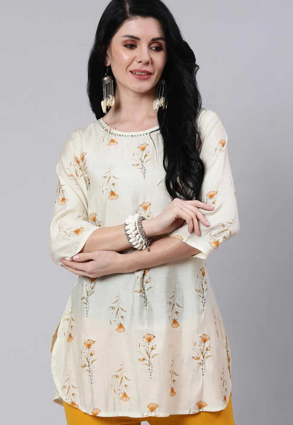 Printed Chanderi Silk Straight Kurti in Cream