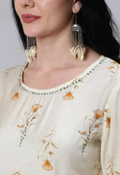 Printed Chanderi Silk Straight Kurti in Cream