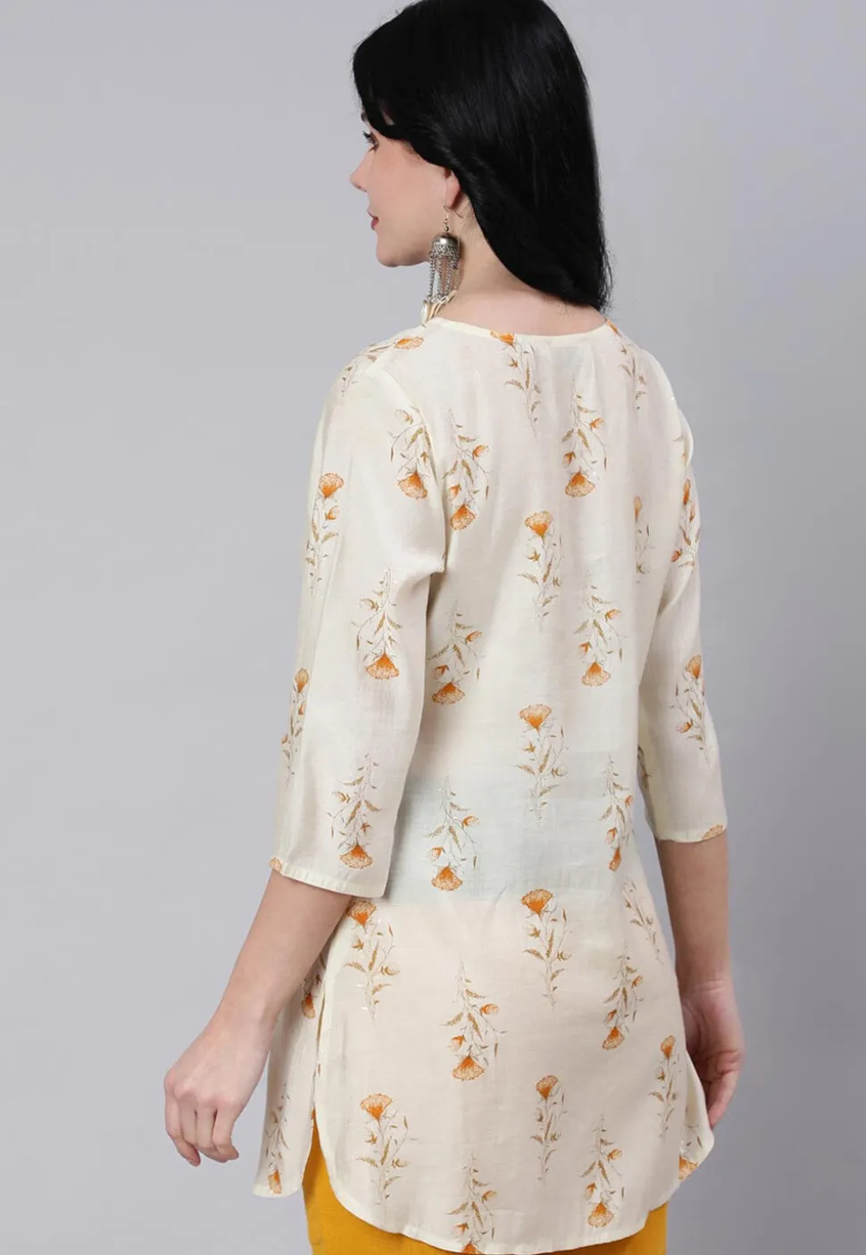 Printed Chanderi Silk Straight Kurti in Cream