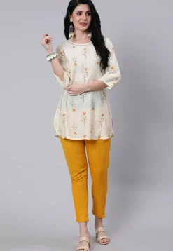 Printed Chanderi Silk Straight Kurti in Cream
