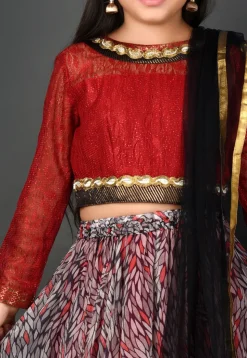 Printed Chiffon Lehenga in Multicolor and Maroon