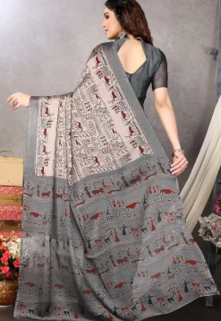 Printed Chiffon Saree in Old Rose and Grey