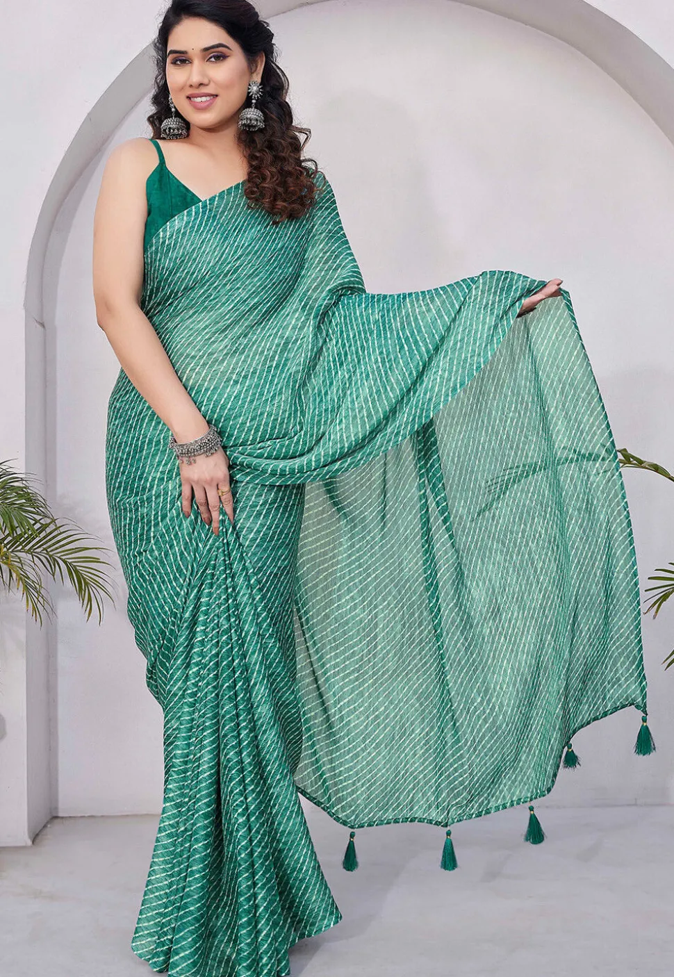 Printed Chiffon Saree in Teal Green