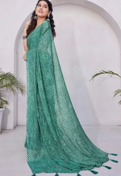 Printed Chiffon Saree in Teal Green