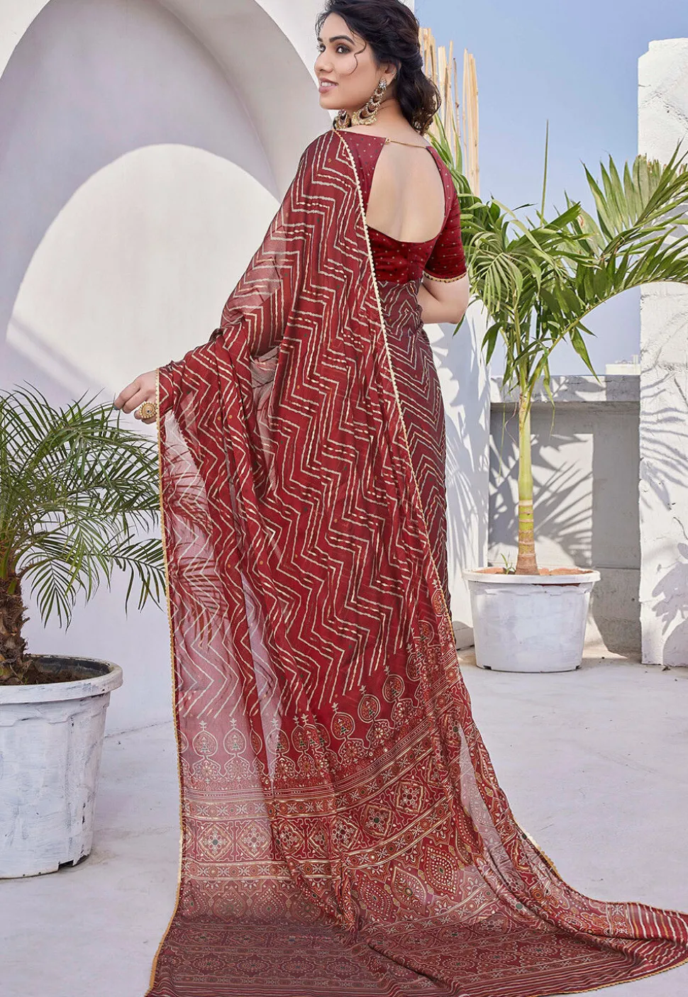 Printed Chiffon Saree in Red
