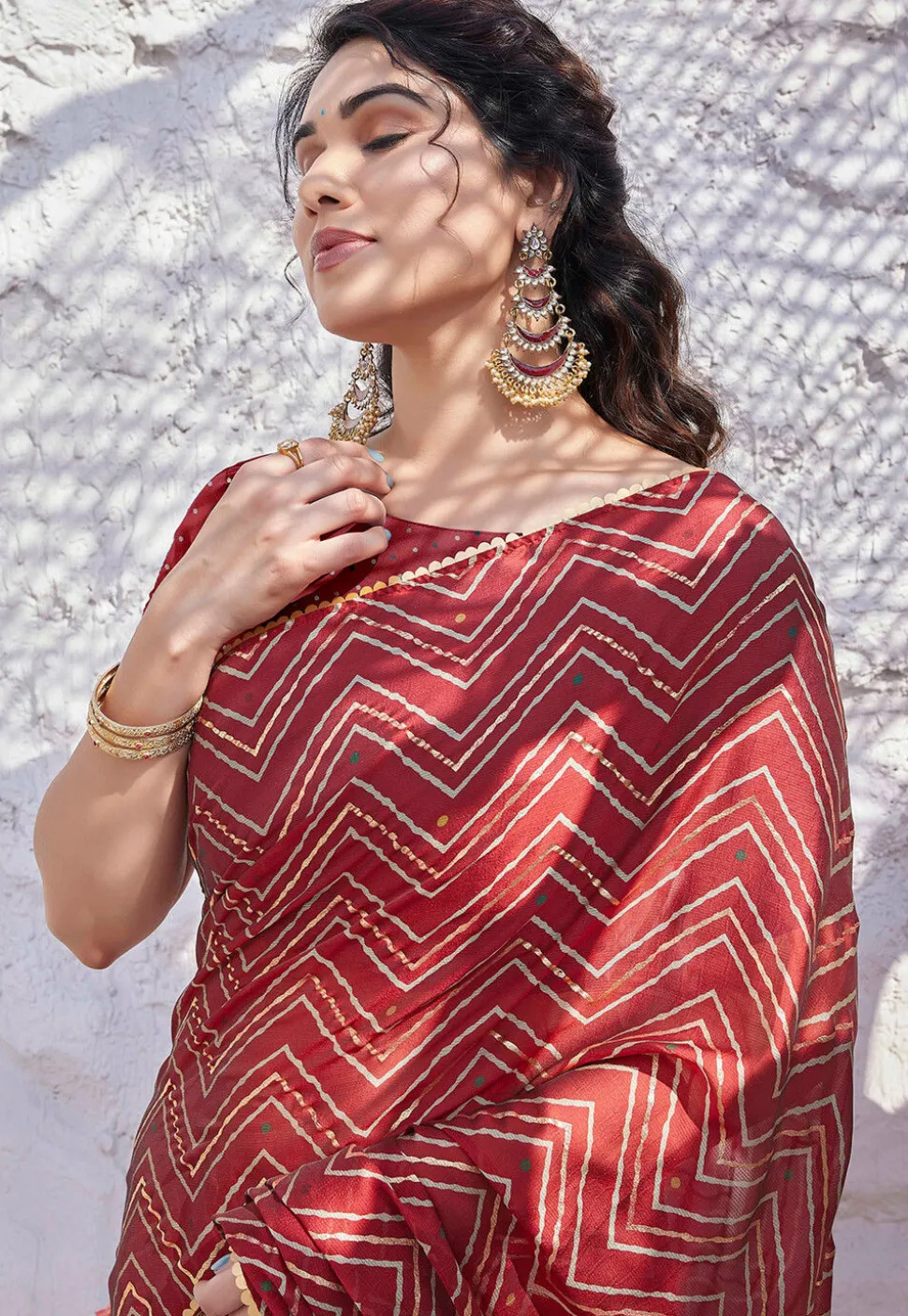 Printed Chiffon Saree in Red