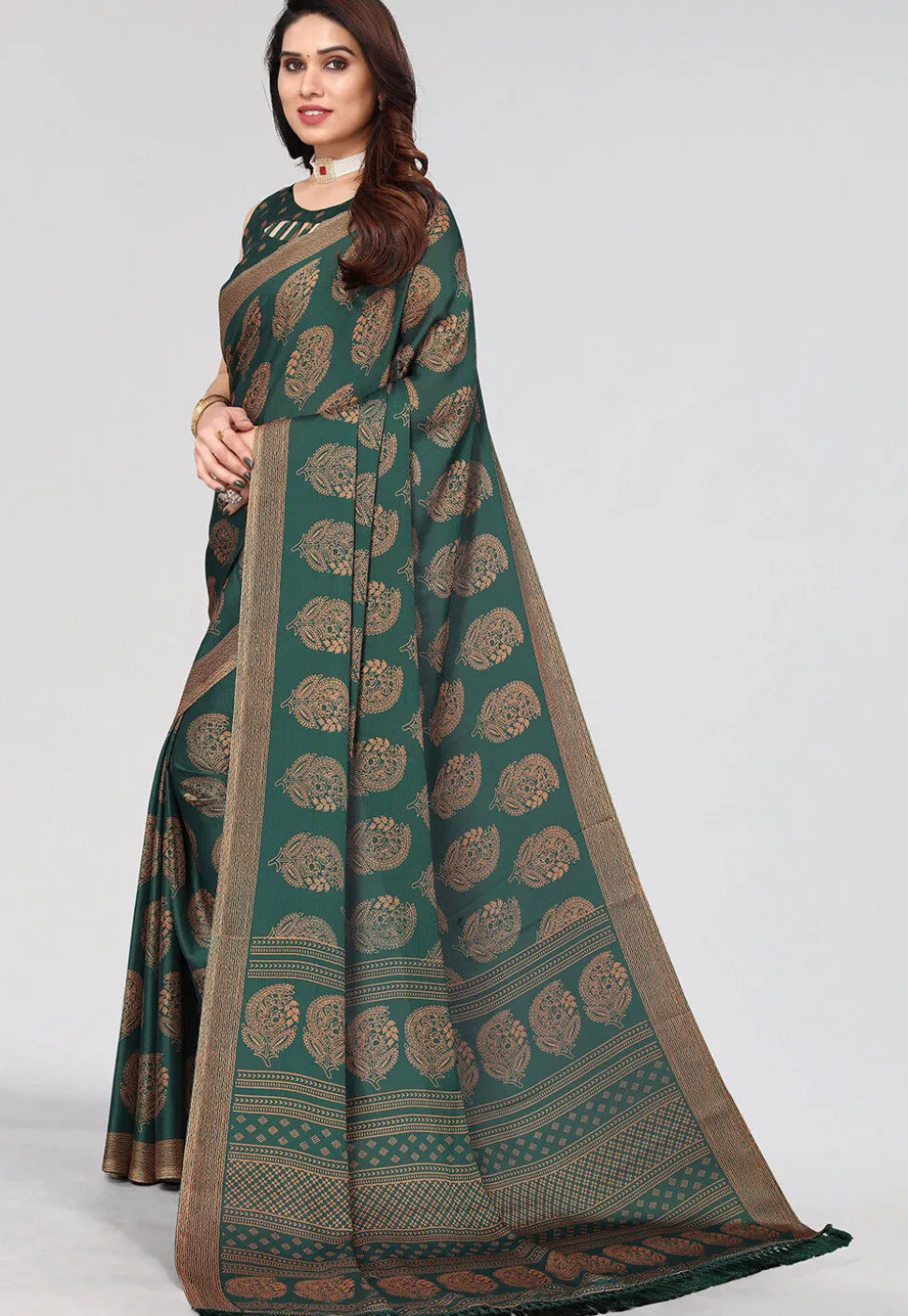 Printed Chiffon Saree in Teal Green