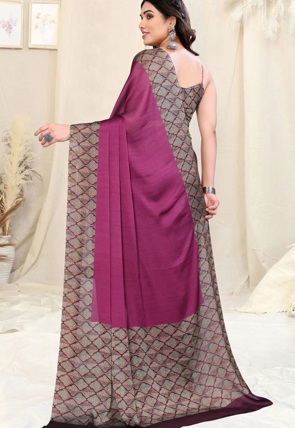 Printed Chiffon Saree in Wine